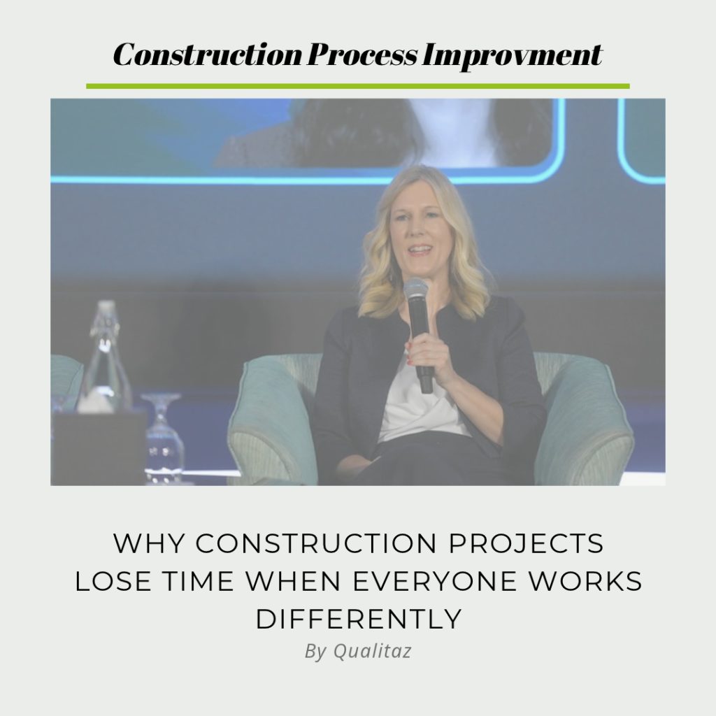 Allison Wicks speaking at a construction industry event about construction process improvement