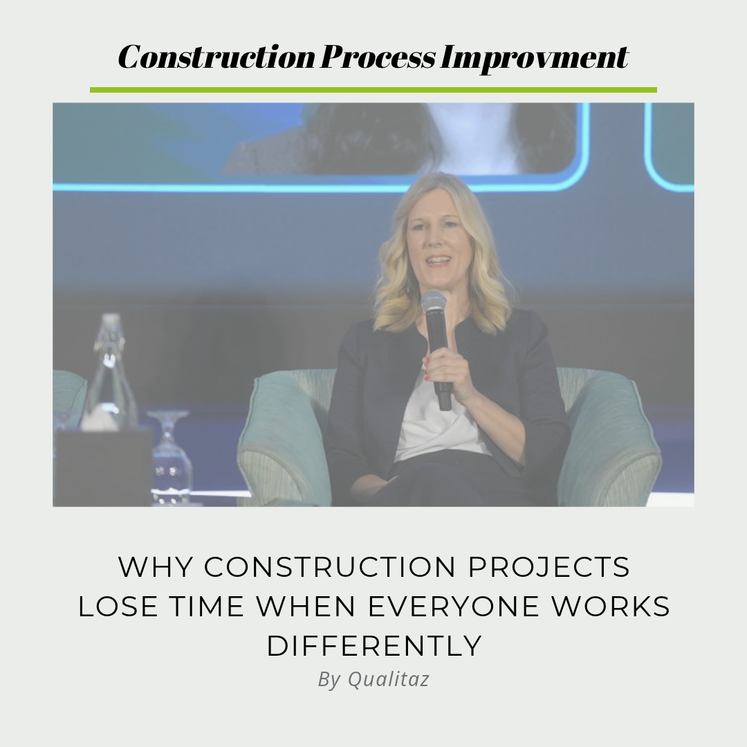 Allison Wicks speaking at a construction industry event about construction process improvement